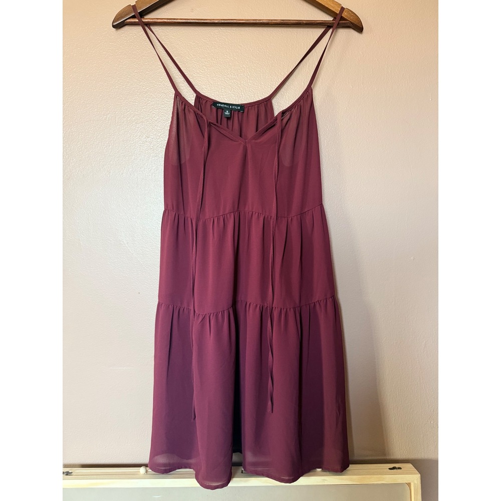 Kendall & Kylie Burgundy Sheer Tiered Cami Mini Dress Women's Small Sleeveless